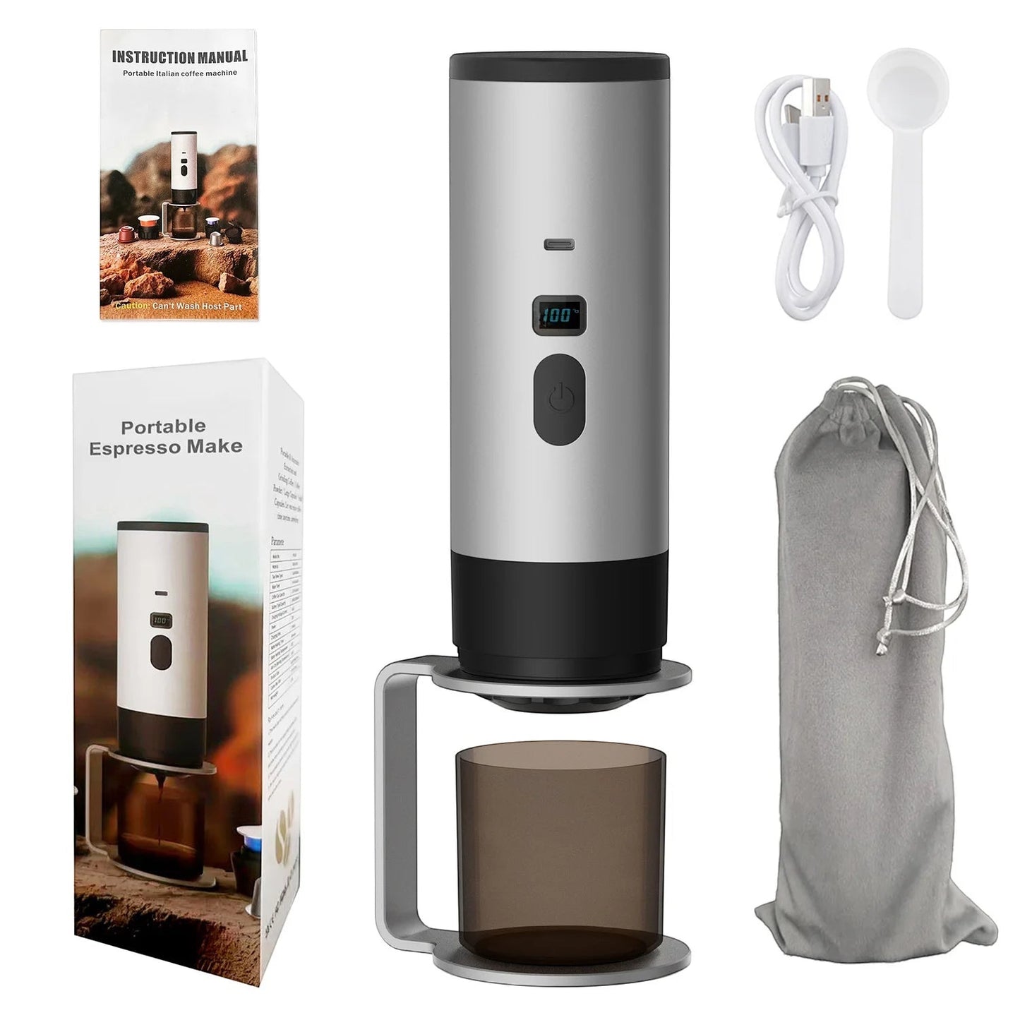 Cafetière expresso portable Altacafé argentée avec écran digital, support, câble USB-C et sac de transport inclus.