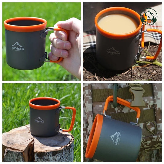 Tasse de camping Altacafé WIDESEA grise et orange avec poignée pliable, idéale pour la randonnée et le bivouac.