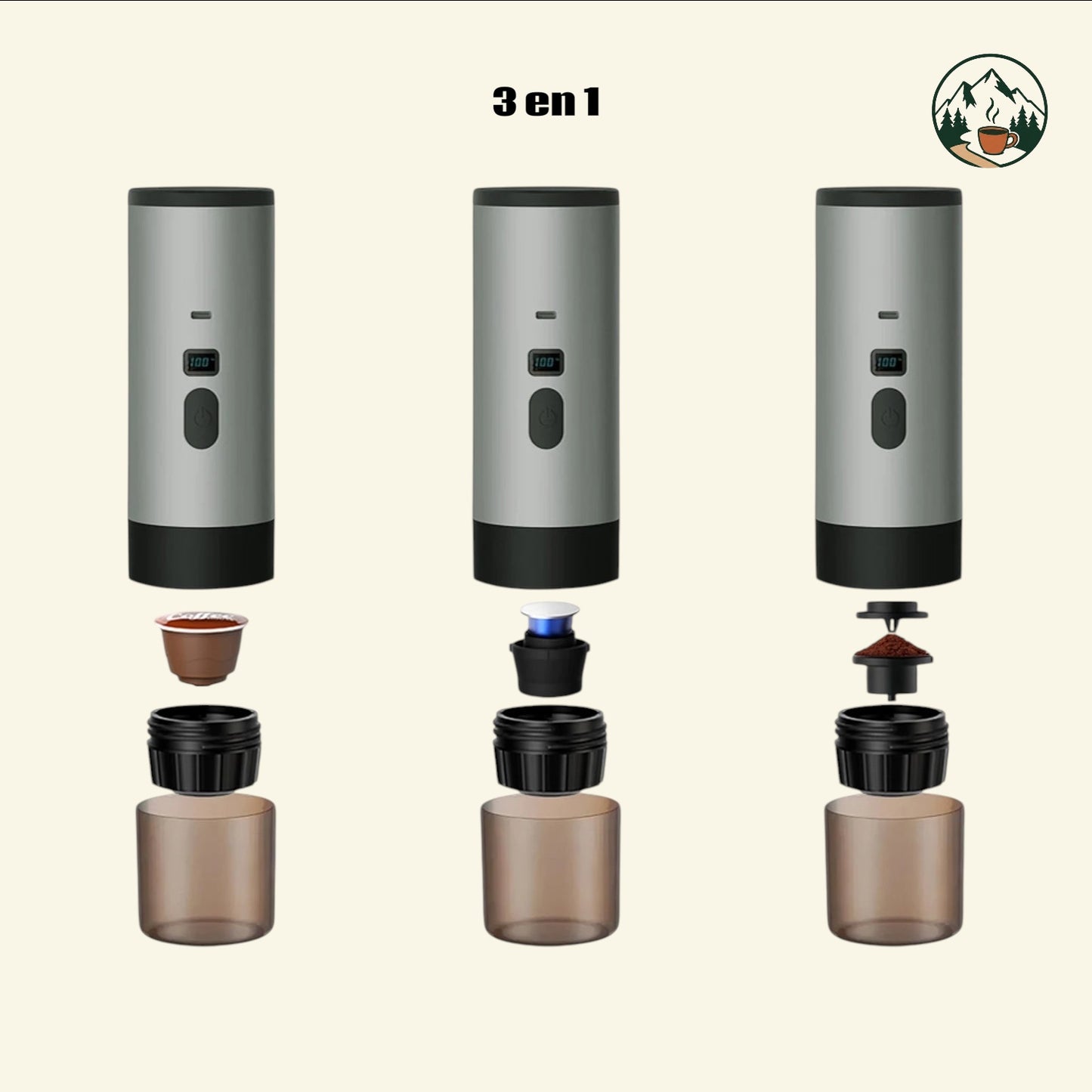 Cafetière portable Altacafé 3 en 1 grise, compatible capsules et café moulu avec écran de contrôle numérique