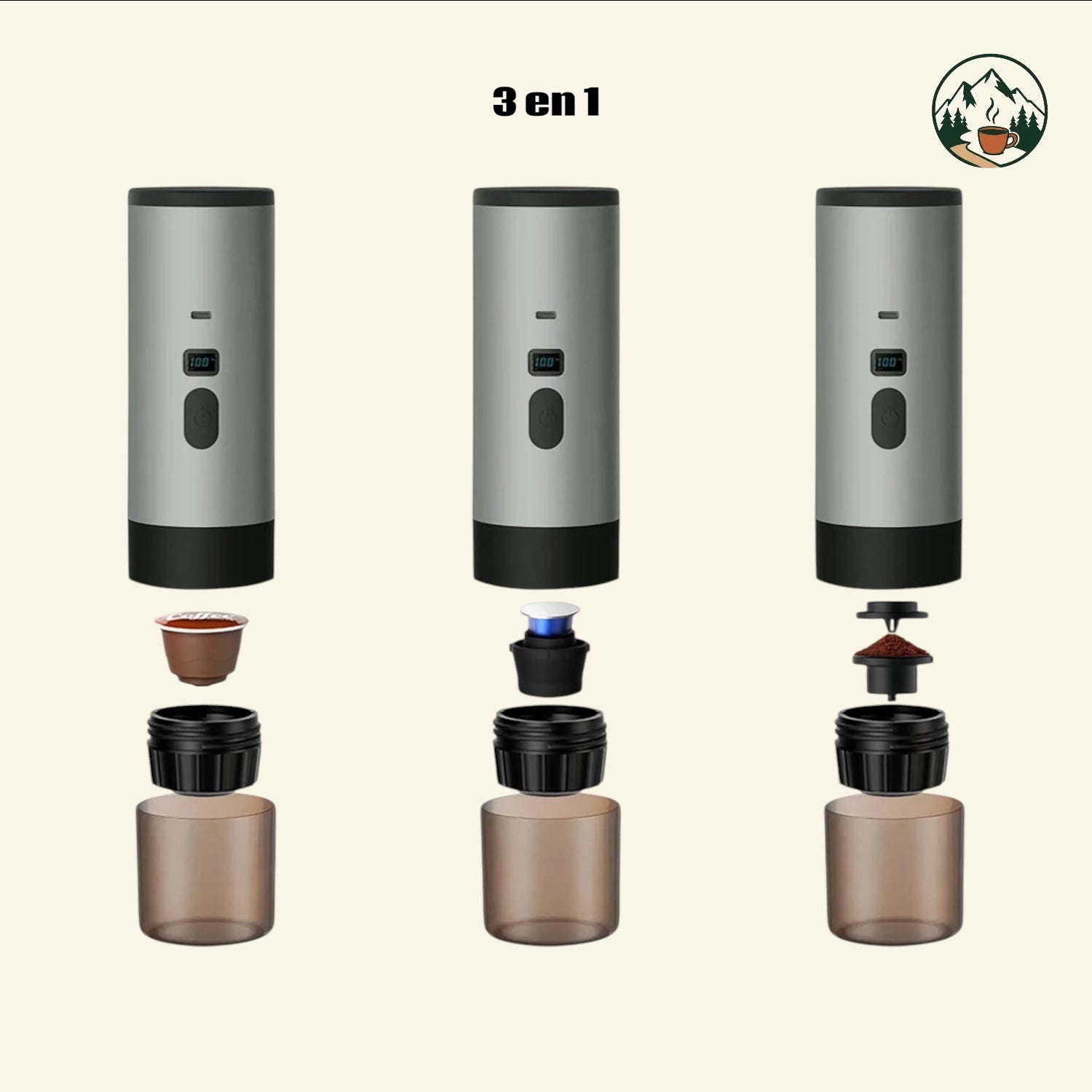 Cafetière portable Altacafé 3 en 1 grise, compatible capsules et café moulu avec écran de contrôle numérique