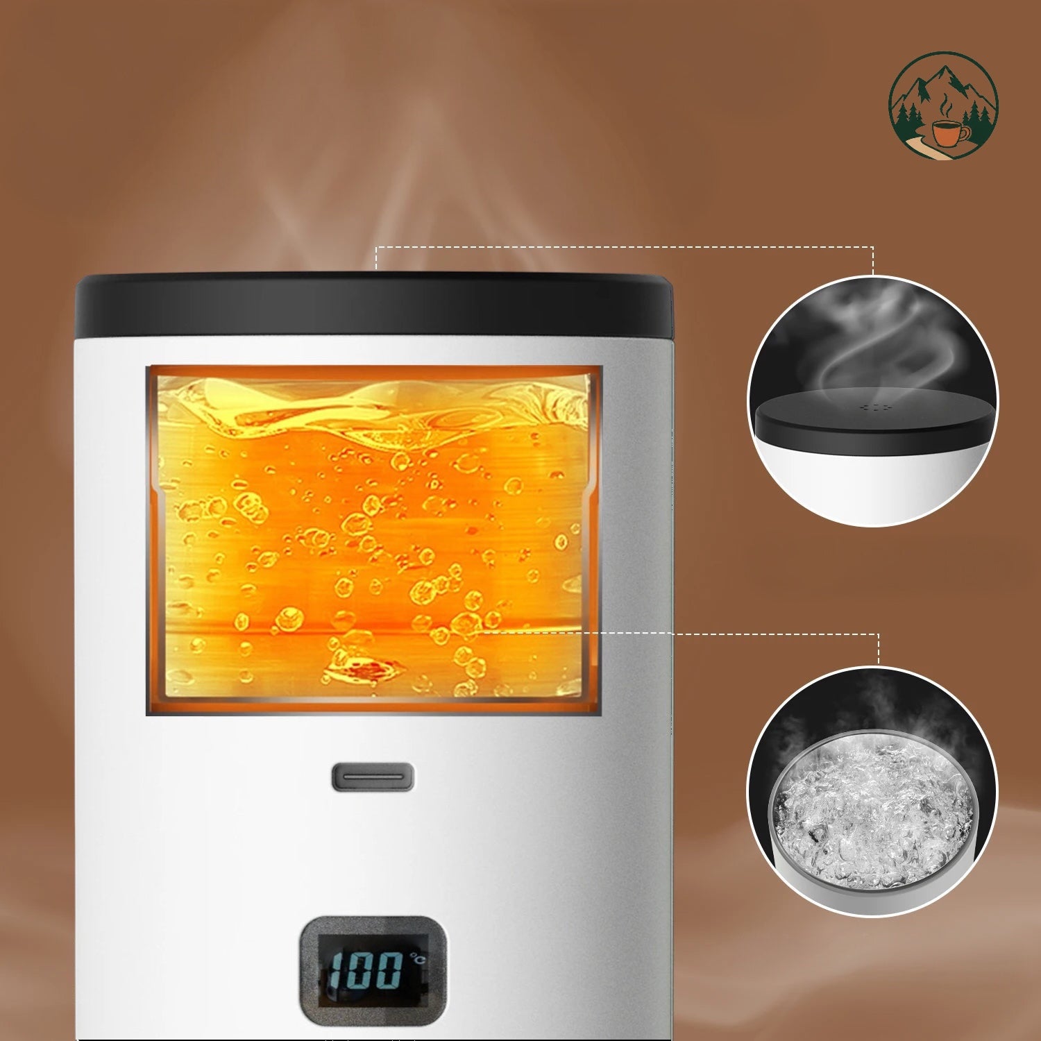 Cafetière portable Altacafé avec écran digital affichant la température et réservoir d'eau chauffante pour espresso