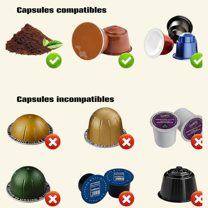Tableau comparatif Altacafé montrant les types de capsules compatibles et incompatibles pour la machine à café portable