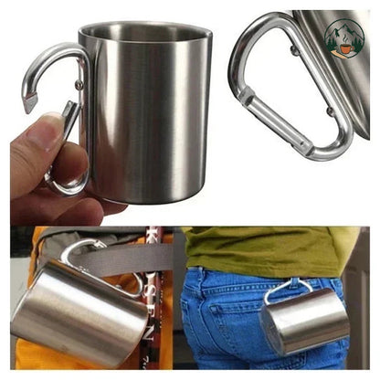 Mug isotherme Altacafé en acier inoxydable argenté avec poignée mousqueton pratique pour le camping et la randonnée