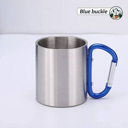 Mug isotherme Altacafé en acier inoxydable avec poignée mousqueton bleue pour le camping et la randonnée