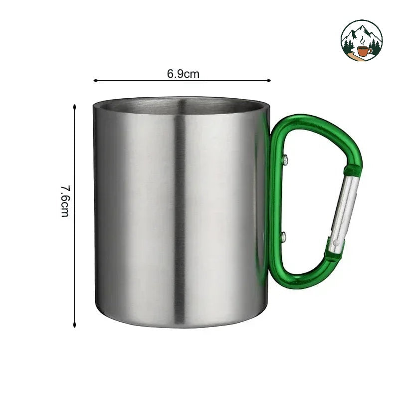 Mug isotherme Altacafé en acier inoxydable avec poignée mousqueton verte pour le camping et la randonnée