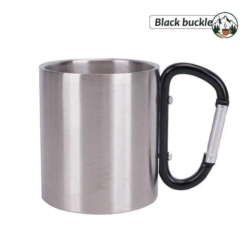 Mug isotherme Altacafé en acier inoxydable avec poignée mousqueton noire pour le camping et la randonnée