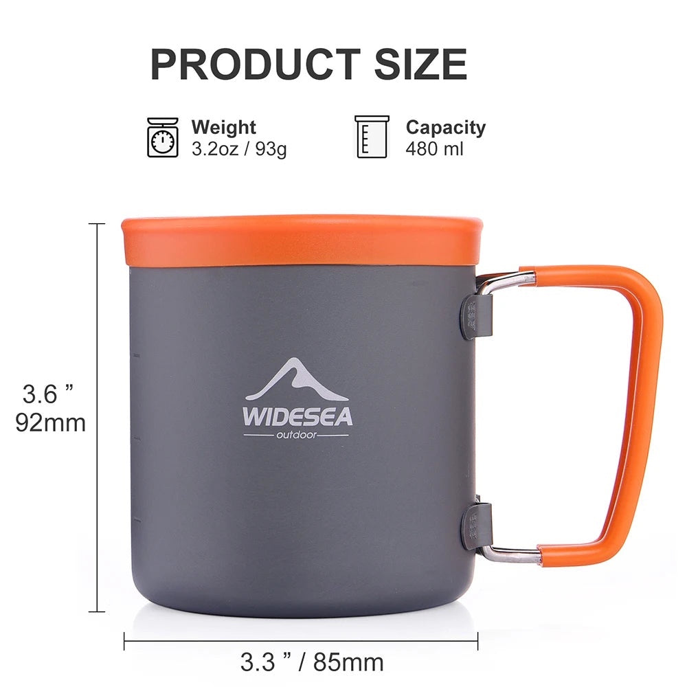 Tasse de camping Altacafé WIDESEA grise et orange de 480 ml avec poignée pliable et dimensions indiquées