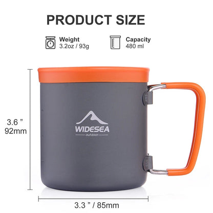 Tasse de camping Altacafé WIDESEA grise et orange de 480 ml avec poignée pliable et dimensions indiquées