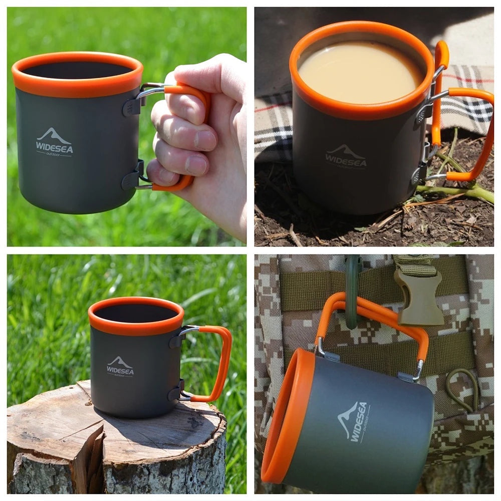 Tasse de camping Altacafé WIDESEA grise et orange avec poignée pliable, idéale pour la randonnée et le bivouac.