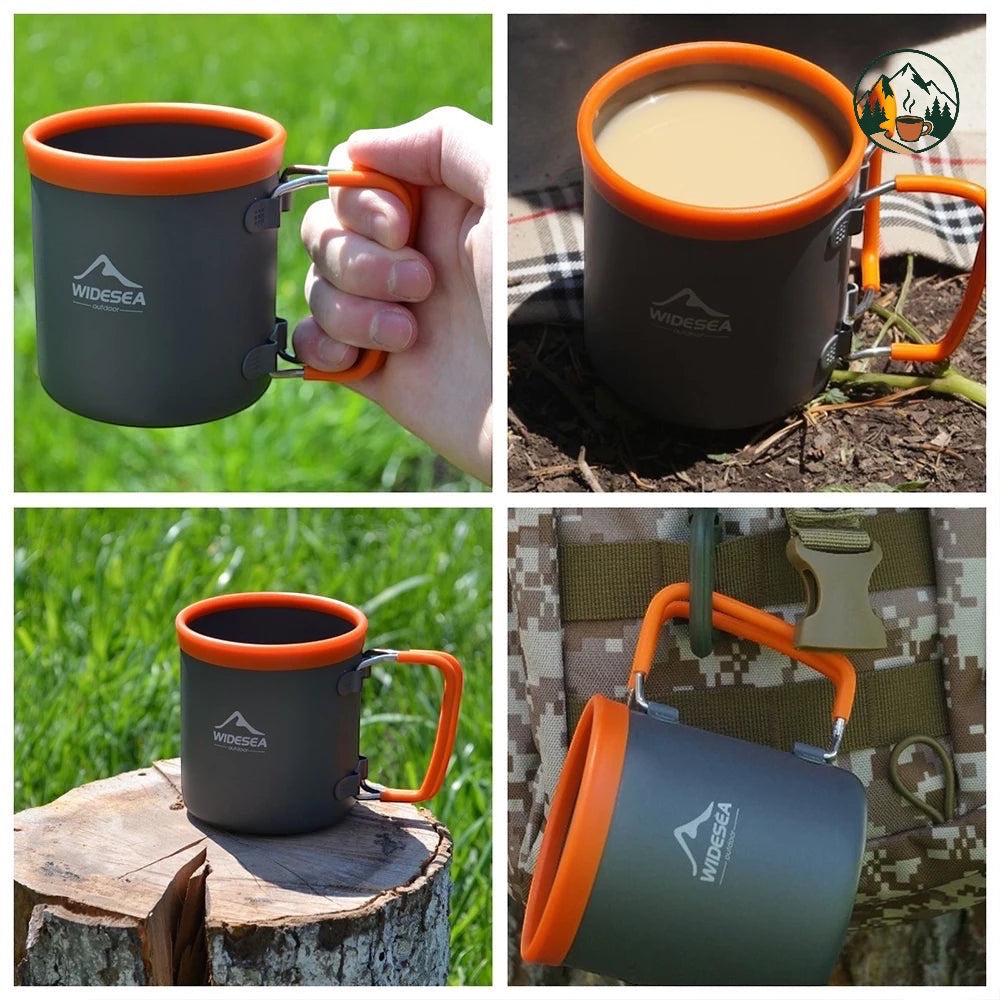 Tasse de camping Altacafé WIDESEA grise et orange avec poignée pliable, idéale pour la randonnée et le bivouac.